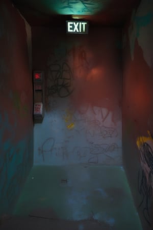 (red light alarm at right side), glowing exit sign at top,more detail XL, slighty damaged and rusted metallic wall, graffiti on wall , rusty yellow box at left side on wall