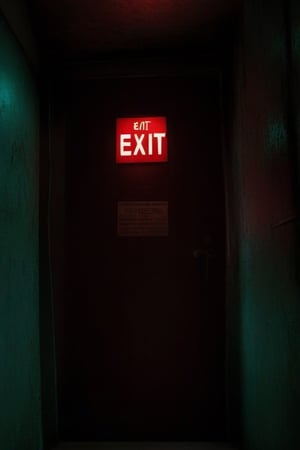 Dark environment, red alert alarm at right ,gowing cyan exit sign on top