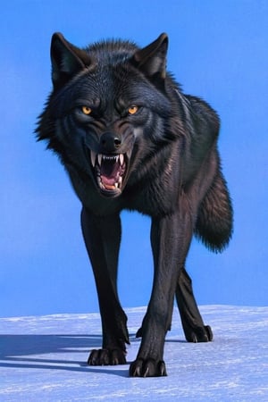 Black wolf,standing, (spread legs),((plane blue back ground)),yellow eyes,open mouth ,angry face,ready to attack,((top view))