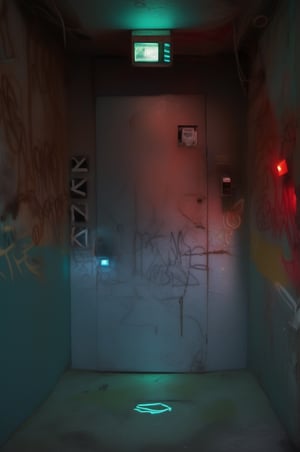 (red light alarm at right side), glowing exit sign at top,more detail XL, slighty damaged and rusted metallic wall, graffiti on wall , rusty yellow box at left side on wall,metallic exit door at front , overexposed cyan color light  flashing at bottom half