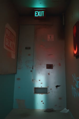 (red light alarm at right side), glowing exit sign at top,more detail XL, slighty damaged and rusted metallic wall, graffiti on wall , rusty yellow box at left side on wall,metallic exit door at front , overexposed cyan color light  flashing at bottom half,photorealistic,photo r3al