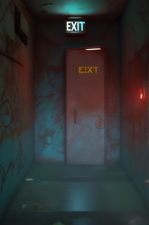 (red light alarm at right side), glowing exit sign at top,more detail XL, slighty damaged and rusted metallic wall, graffiti on wall , rusty yellow box at left side on wall,metallic exit door at front , overexposed cyan color light  flashing at bottom half,photorealistic