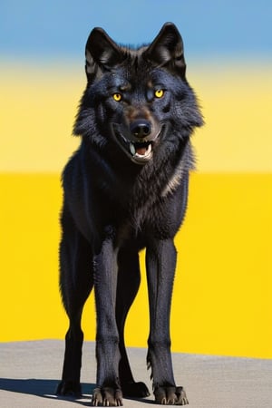 Black wolf,standing, spread legs,((plane blue background)),yellow eyes