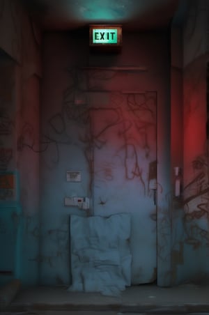 (red light alarm at right side), glowing exit sign at top,more detail XL, slighty damaged and rusted metallic wall, graffiti on wall , rusty yellow box at left side on wall,metallic exit door at front , overexposed cyan color light  flashing at bottom half,photorealistic