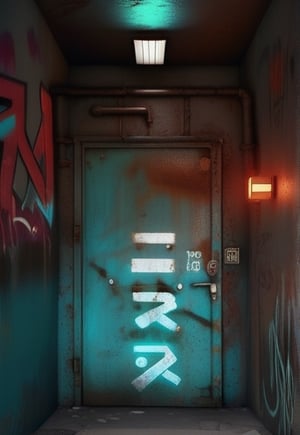 photo r3al,photorealistic,dark room , rusty metal door , glowing cyan color exit sign,  red light on right wall, graffiti on walls 