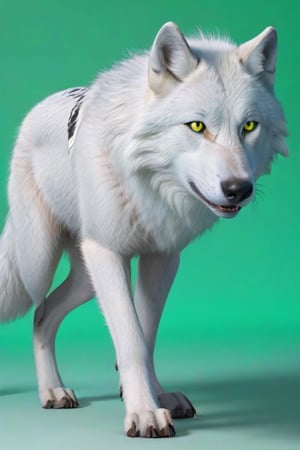 White wolf, (((plane green background))) ,full body can be seen, four legs can be seen,going left,yellow eyes,studio environment with controlled lighting 