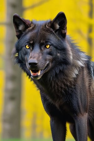 Black wolf,standing, spread legs,((plane green background)),yellow eyes