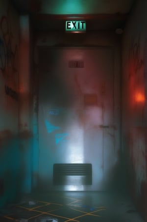 (red light alarm at right side), glowing exit sign at top,more detail XL, slighty damaged and rusted metallic wall, graffiti on wall , rusty yellow box at left side on wall,metallic exit door at front , overexposed cyan color light  flashing at bottom half,photorealistic,photo r3al,more saturation 