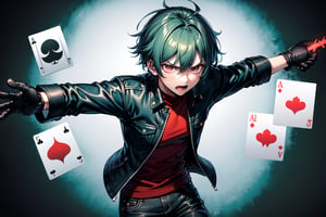 A man, green_hair, green warglaives, glaives of azzinoth, angry, half gloves, perfect, black_denim_jacket, red_eyes, eye_glow, front_view, full_body,perfect, teenage, short_hair, double_swords, cards