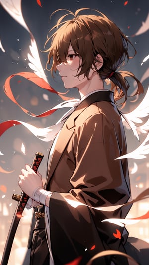 (masterpiece, best quality:1.2), solo, male focus, 1boy, dazai osamu, brown jacket, bandages,Osamu Dazai, squat, brown_hair, katana, brown_eyes, kimono, nine tail fox, perfect, ponytail, red fire , red flames, thirties, pony_tail, midlife, front-view, sun fall