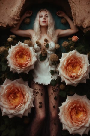 Fashion photography of beautiful albinos woman with big white roses on her eyes is staying in forest,   ,flowers,photorealistic