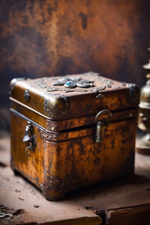 Old fashion rusted tin fully opened, by Valent10179, vintage corroded box, one part contains mystical jewelry, the second part has abstract misty portrait drawing, blurry beautiful background,steampunk style,photo r3al
