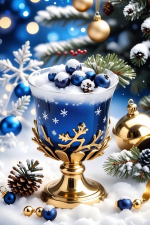 beautiful white Christmas decoration with shiny blue berries and ornaments, ice crystals, snow anda glass cup of tea in a gold cup, white pine cones