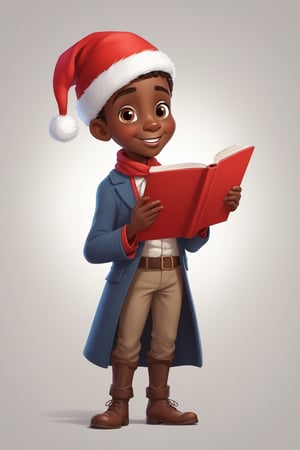 cute cartoon, 

Jim a dark skinned boy christmas carol singer, 

christmas hat perfect eyes, 

perfect hands, 

full length body image cantered, 

white background, 

perfect ratio.