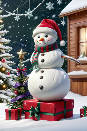 Best quality,masterpiece,ultra high res,, snowman,no humans,scarf,gift,christmas tree,bird,hat,christmas,box,striped,christmas ornaments,snow,striped scarf,gift box,ribbon,star (symbol),santa hat,artist name,green scarf,snowing,
