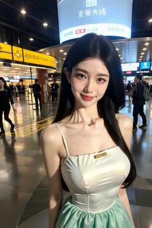 1girl, solo, black hair, breasts, looking at viewer, smile, very happy, blue dress, brown eyes, jewelry, medium breasts, standing, half body, lips, realistic, summer,docdalat,myhanfu, airport