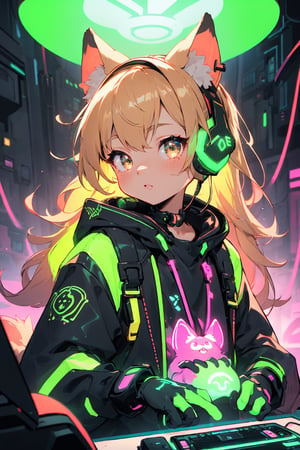 masterpiece,best quality,ultra detailed,highres,absurdres,illustratio,anthro,cute,kawaii,1girl,solo,dog ears,blonde hair,gradient brown eyes,(glowing neon green gaming headphone:1.2),cool,stylish,pop art,Princess of the cyber world