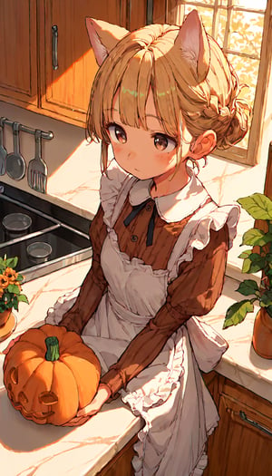 score_9, score_8up, score_7up, score_6up, score_5up,source_anime,cute,1girl,solo,blonde hair,dog ears fluff,french braid,brown eyes,making Pumpkin pudding,indoors,kitchen,frills apron dress,