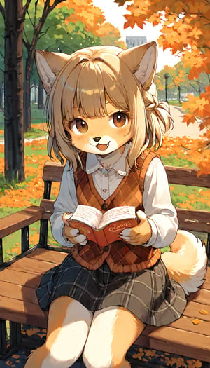 score_9, score_8up, score_7up, score_6up, score_5up,source_anime,cute,kawaii,1girl,solo,blonde hair,dog ears fluff,french braid,brown eyes,sweet,silk blouse,three-quarter length (tulle skirt:1.3),Argyle Plaid vest,autumn,road,park,graceful,sitting bench,reading book,looking at viewer,open mouth,Oil painting style,Fine art parody,(furry:1.3)