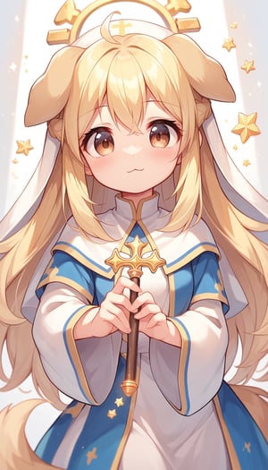 score_9_up, score_8_up, score_7_up,score_6_up,score_5_up,best quality,masterpiece,illustration,cute,kawaii,1girl,solo,dog ears,blonde hair,french braid,gradient brown eyes,healing magic,wand,priestess