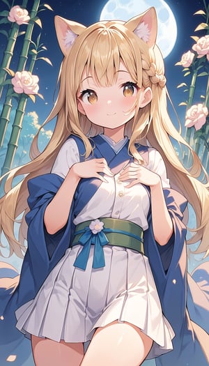  score_9_up, score_8_up, score_7_up,score_6_up,score_5_up,score_4_up,source_anime,masterpiece,best quality,illustration,cute,kawaii,1girl,solo,blonde hair,french_braid,dog ears,gradient brown eyes,(tanabata:1.2),tanzaku,(silver bamboo thicket),blue full moon,(mysterios),(heresy),supplication,kimono Ethnic Dress,(see-through long shawl:1.1),