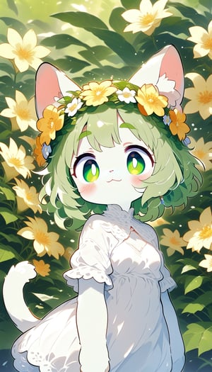 score_9_up, score_8_up, score_7_up,score_6_up,score_5_up,source_anime,masterpiece,best quality,illustration,cute,kawaii,1girl,solo,furry white cat female,white fur, cat tail, messy short green hair, flower crown, green eyes, thick green eyebrows, white and green dress,short sleeves,(royal:1.2),elegance,graceful,small breasts,high waist,light smile,(petite:1.2),source_furry,