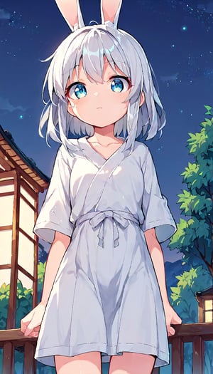 score_9, score_8up, score_7up, score_6up, score_5up,source_anime,cute,kawaii,1girl,solo,silver hair,rabbit ears,outdoors,night,(kimono:0.5) dress,overlooking,gradient night sky