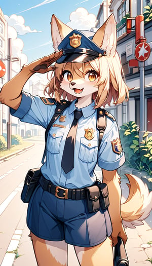 score_9, score_8_up, score_7_up, score_6_up, score_5up,source_anime,source_furry,furry,anthro,kemono,cute,kawaii,vivid color.1girl,solo,dog ears,brown eyes,police uniform,gallant expression,salute,cowboy shot,Deformed, score_9_up,outdoors,overlooking,traffic light