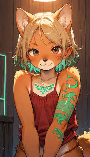 score_9, score_8up, score_7up, score_6up, score_5up,source_anime,source_furry,(furry:1.3),anthro,cute,kawaii,1girl,solo,dog ears,blonde hair,gradient brown eyes,indoors,(dark room:1.4),her body adorned with (glowing neon green zentangle tattoos:1.4),The intricateilluminate the shadows around her,(upper face:1.3),high-contrast anime-style,