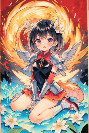(tegaki:1.5),(traditional media:1.5),masterpiece,best quality,ultra detailed,highres,absurdres,illustration,cute,kawaii,feminine,soft,texture,long eyelash,impressionism,
BREAK 1girl,solo,fire wing,dragon (horn:1.2),thick tail,frills,(scale armor:1.1),leotard armor,laced skirt,(breathes fire:1.3),(pigeon toed:1.2),(phoenix:1.2),hand between legs,wariza,
BREAK (flower background:1.3),wallpaper,Cute girl,