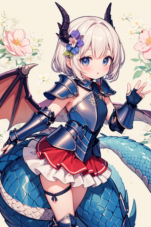 masterpiece,best quality,ultra detailed,highres,absurdres,illustration,cute,kawaii,(girlish:1.3),feminine,soft,texture,long eyelash,impressionism,
BREAK 1girl,solo,dragon wing,dragon horn,thick tail,frills,(scale armor:1.4),leotard armor,laced skirt:
BREAK (flower background:1.1),wallpaper,