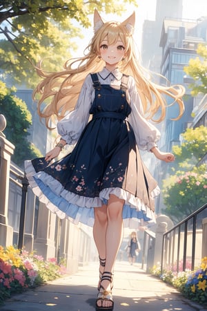 The illustration depicts a high school girl, dressed stylishly, in a bright early summer park. She is dressed lightly to match the early summer climate, with a big smile on her face. Around her, fresh green trees and colorful (flowers are in full bloom:1.3) 
BREAK
Her outfit is light to match the early summer climate, consisting of a flared skirt and blouse combination, sandals on her feet, giving an overall refreshing impression. Her hair is long and flowing in the wind, with a small earring shining in her ear.
BREAK
1girl,solo,dog ears,french braid,blonde hair,detailed and gradient brown eyes,cute,kawaii,