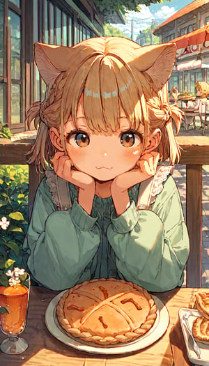 score_9, score_8up, score_7up, score_6up, score_5up,source_anime,cute,kawaii,1girl,solo,blonde hair,dog ears fluff,french braid,brown eyes,pie,outdoors,cafe,cozy,enraptured,daylight,