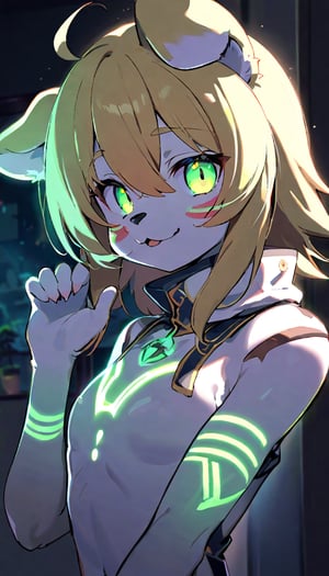 (furry:1.3),anthro,cute,kawaii,1girl,solo,dog ears,blonde hair,gradient brown eyes,indoors,(dark room:1.4),her body adorned with (glowing neon green zentangle heresy tattoos:1.4),(upper face:1.3),high-contrast anime-style,