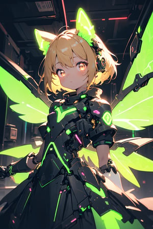 masterpiece,best quality,ultra detailed,highres,absurdres,illustratio,anthro,cute,kawaii,1girl,solo,dog ears,blonde hair,gradient brown eyes,(glowing neon green mechanical wings:1.3),high-contrast anime-style,(darkness room:1.3),fairy dress,