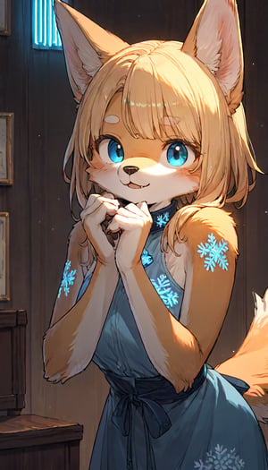 score_9, score_8up, score_7up, score_6up, score_5up,source_anime,source_furry,(furry:1.3),anthro,cute,kawaii,1girl,solo,dog ears,blonde hair,indoors,(dark room:1.0),(her body adorned with glowing neon blue snowflake tattoos:1.2),The intricateilluminate the shadows around her,high-contrast anime-style,