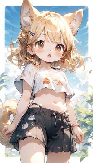 score_9_up, score_8_up, score_7_up,score_6_up,score_5_up,source_anime,source_furry,masterpiece,best quality,illustration,cute,kawaii,1girl,solo,dog ears,blonde hair,french braid,gradient brown eyes,midriff,groin,Deformed,feral furry,(underboob:0.95),wind,from below,surprised,blush