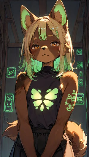 score_9, score_8up, score_7up, score_6up, score_5up,source_anime,source_furry,(furry:1.3),anthro,cute,kawaii,1girl,solo,dog ears,blonde hair,gradient brown eyes,indoors,(dark room:1.4),her body adorned with (glowing neon green geometric pattern tattoos all over body:1.5),The intricate geometric pattern illuminate the shadows around her,upper face,high-contrast anime-style,