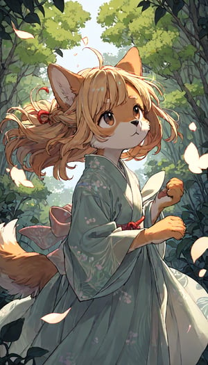 score_9, score_8up, score_7up, score_6up, score_5up,source_anime,source_furry,(furry:1.3),dog anthro,cute,kawaii,1girl,solo,blonde hair,dog ears fluff,french braid,brown eyes,translucent evening kimono dress,wind,floating hair,(looking up:1.3),forest,night,