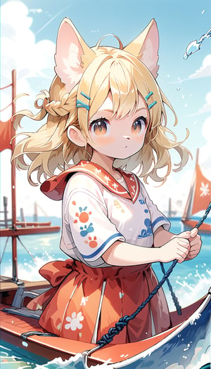 score_9_up, score_8_up, score_7_up,score_6_up,score_5_up,source_anime,masterpiece,best quality,illustration,cute,kawaii,1girl,solo,blonde hair,french_braid,dog ears,gradient brown eyes,On the Olympic stage, a woman is sailing with all her might. Her face shows a serious expression, and you can see the tension in her muscles. Amidst the splashing water, her boat moves forward powerfully, with the audience’s eyes focused on her. Her figure, putting everything into this moment, truly embodies the beauty and tension of sports, score_9_up,(sailing:1.5),sailboat