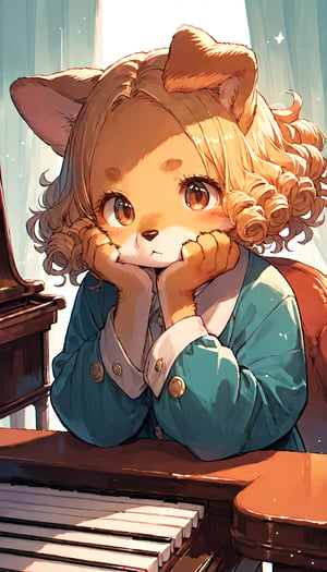 score_9, score_8up, score_7up, score_6up, score_5up,source_anime,cute,kawaii,1girl,solo,blonde hair,dog ears fluff,,brown eyes,(furry:1.3),(Serious:0.7),curly hair,(pianist:1.3)