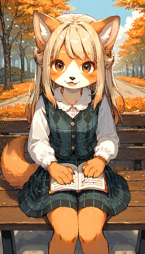 score_9, score_8up, score_7up, score_6up, score_5up,source_anime,cute,kawaii,1girl,solo,blonde hair,dog ears fluff,french braid,brown eyes,sweet,silk blouse,three-quarter length (tulle skirt:1.3),Argyle Plaid vest,autumn,road,park,graceful,sitting bench,reading book,looking at viewer,open mouth,Oil painting style,Fine art parody,(furry:1.3)