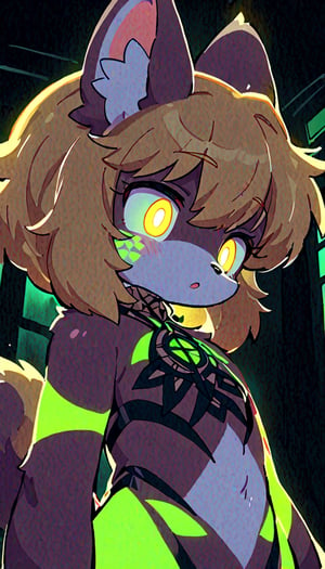 (furry:1.3),anthro,cute,kawaii,1girl,solo,dog ears,blonde hair,gradient brown eyes,indoors,(dark room:1.4),her body adorned with (glowing neon green zentangle heresy tattoos:1.4),(upper face:1.3),high-contrast anime-style,