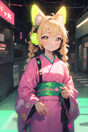 masterpiece,best quality,ultra detailed,highres,absurdres,illustratio,anthro,cute,kawaii,1girl,solo,dog ears,blonde hair,gradient brown eyes,(glowing neon green headphone:1.2),cool,stylish,french_braid,pink kimono dress,kanzashi,