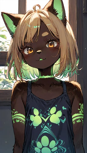 score_9, score_8up, score_7up, score_6up, score_5up,source_anime,source_furry,(furry:1.3),anthro,cute,kawaii,1girl,solo,dog ears,blonde hair,gradient brown eyes,indoors,(dark room:1.4),her body adorned with (glowing neon green geometric pattern tattoos:1.5),The intricate geometric pattern illuminate the shadows around her,upper body,high-contrast anime-style,