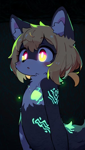 (furry:1.3),anthro,cute,kawaii,1girl,solo,dog ears,blonde hair,gradient brown eyes,indoors,(dark room:1.4),her body adorned with (glowing neon green Ancient magical tattoo,upper body:1.5),high-contrast anime-style,full body,