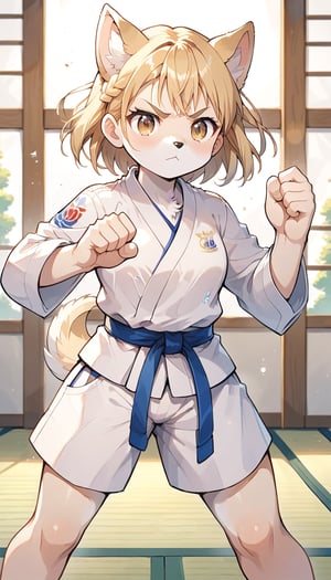 score_9_up, score_8_up, score_7_up,score_6_up,score_5_up,source_anime,masterpiece,best quality,illustration,cute,kawaii,1girl,solo,blonde hair,french_braid,dog ears,gradient brown eyes,paris olympic,judo, wearing judo wear,tatami,judo,sutanding,serious,indoors,furry,judo match,(female judo athlete:1.4),Judo combat pose