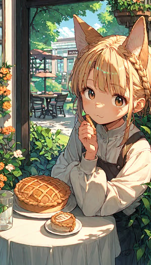 score_9, score_8up, score_7up, score_6up, score_5up,source_anime,cute,kawaii,1girl,solo,blonde hair,dog ears fluff,french braid,brown eyes,pie,outdoors,cafe,cozy,enraptured,daylight,