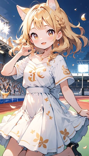 score_9_up, score_8_up, score_7_up,score_6_up,score_5_up,source_anime,masterpiece,best quality,illustration,cute,kawaii,1girl,solo,blonde hair,french_braid,dog ears,gradient brown eyes,At the (Olympic closing ceremony:1.5),Her expression reflects both the sadness of the event’s end and the satisfaction of having given her all. Amidst the applause and cheers from the audience,night,formal dress primarily white with golden embroidery,beautifully shimmering in the light,The hem of the dress flares out gracefully, swaying elegantly with her movements. She wears simple yet elegant heels, perfectly complementing her overall look,the girl wears a beaming smile