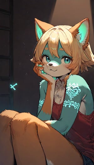 score_9, score_8up, score_7up, score_6up, score_5up,source_anime,source_furry,(furry:1.3),anthro,cute,kawaii,1girl,solo,dog ears,blonde hair,indoors,(dark room:1.4),her body adorned with (glowing neon green ainu tattoos:1.1),The intricateilluminate the shadows around her,high-contrast anime-style,